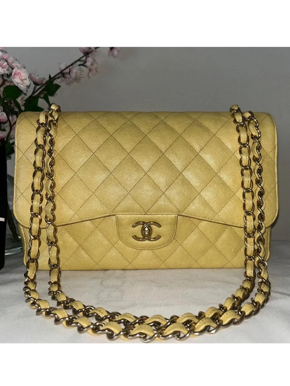 CHANEL 19S Jumbo Double Flap Quilted Caviar Handbag Iridescent Yellow / LGHW